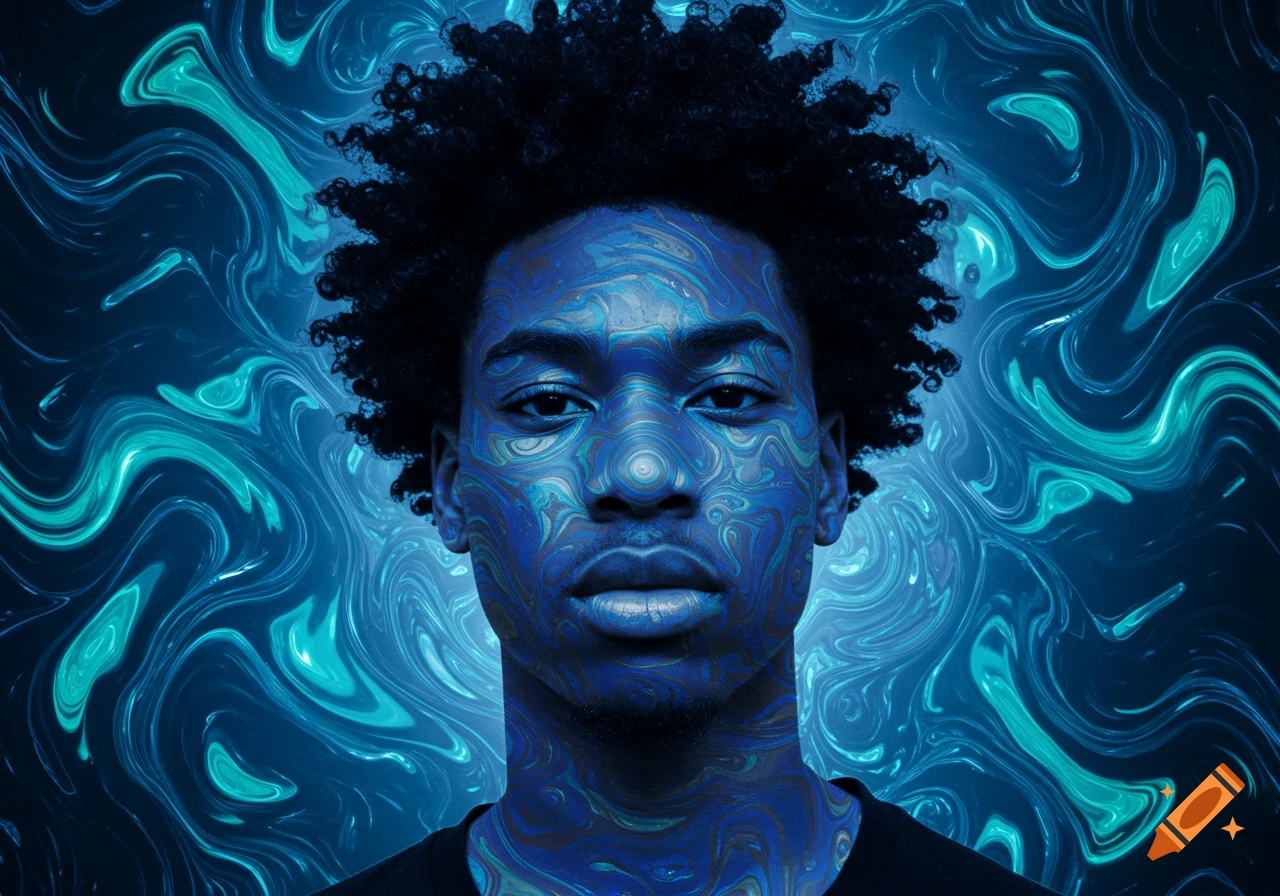 Close-up of a man's face covered in blue and teal abstract swirling patterns against a matching background.