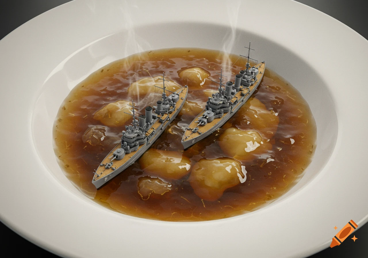 A photorealistic image of two miniature grey navy ships floating in a steaming bowl of brown soup with large, golden-brown ingredients.