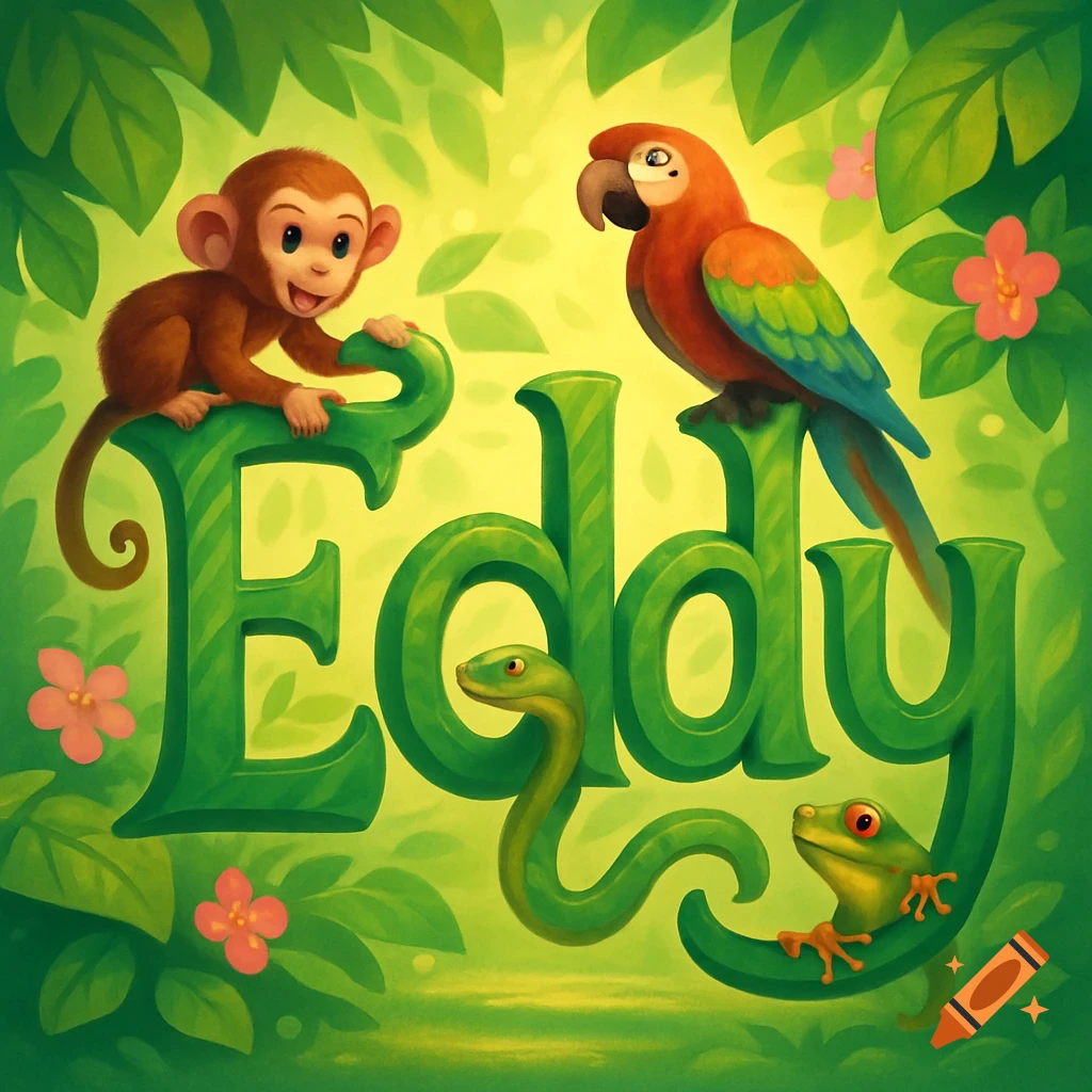 Cartoonish jungle animals (monkey, parrot, snake, frog) interacting with large green letters spelling 'Eddy' amidst lush foliage.