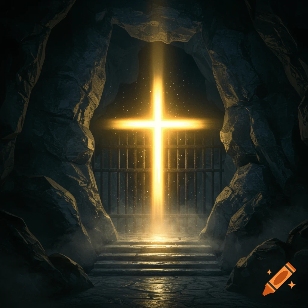 A brilliant golden cross emits light from inside a dark, rocky cave, illuminating stone steps and a barred gate. The scene is mystical.