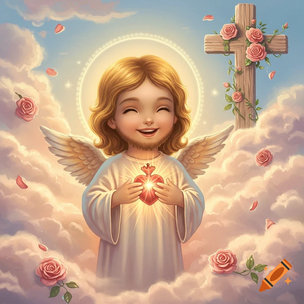 A cute, cartoon-like Jesus with a halo, wings, and a beard, smiling and holding a sacred heart, standing in clouds with a cross and roses.