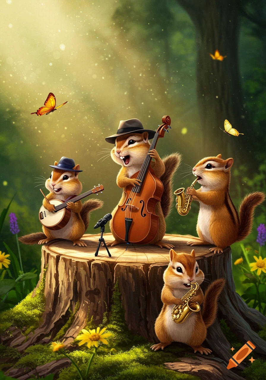 Four chipmunks in a forest playing musical instruments: an upright bass, a banjo, and two saxophones, on a mossy tree stump with butterflies.