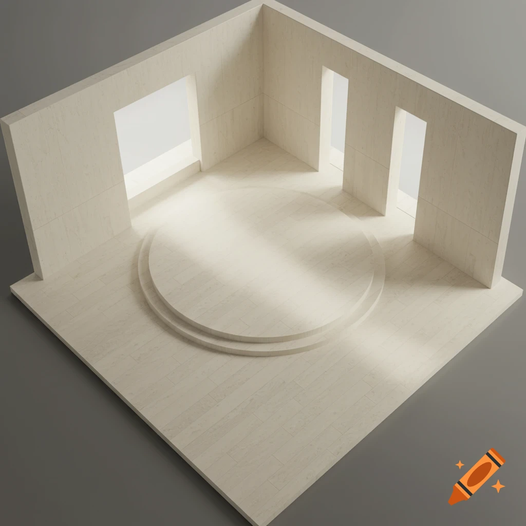 Birds-eye view of a minimalist room with neutral walls and floor, featuring a central circular platform and sunlit openings.