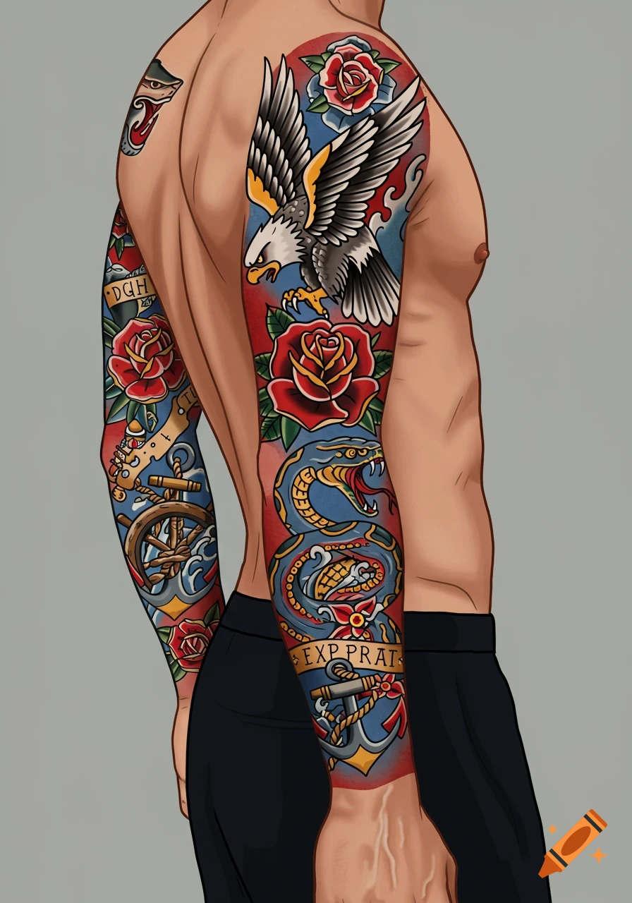 Illustration of a person's back and arms covered in vibrant American traditional tattoos: eagles, snakes, roses, anchors, ship's wheel.