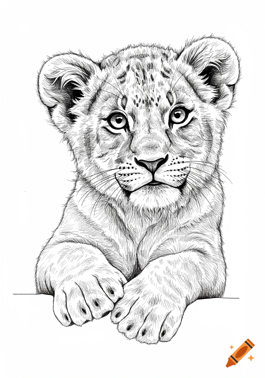 A black and white line drawing of a cute lion cub looking forward, with its paws resting on a surface.