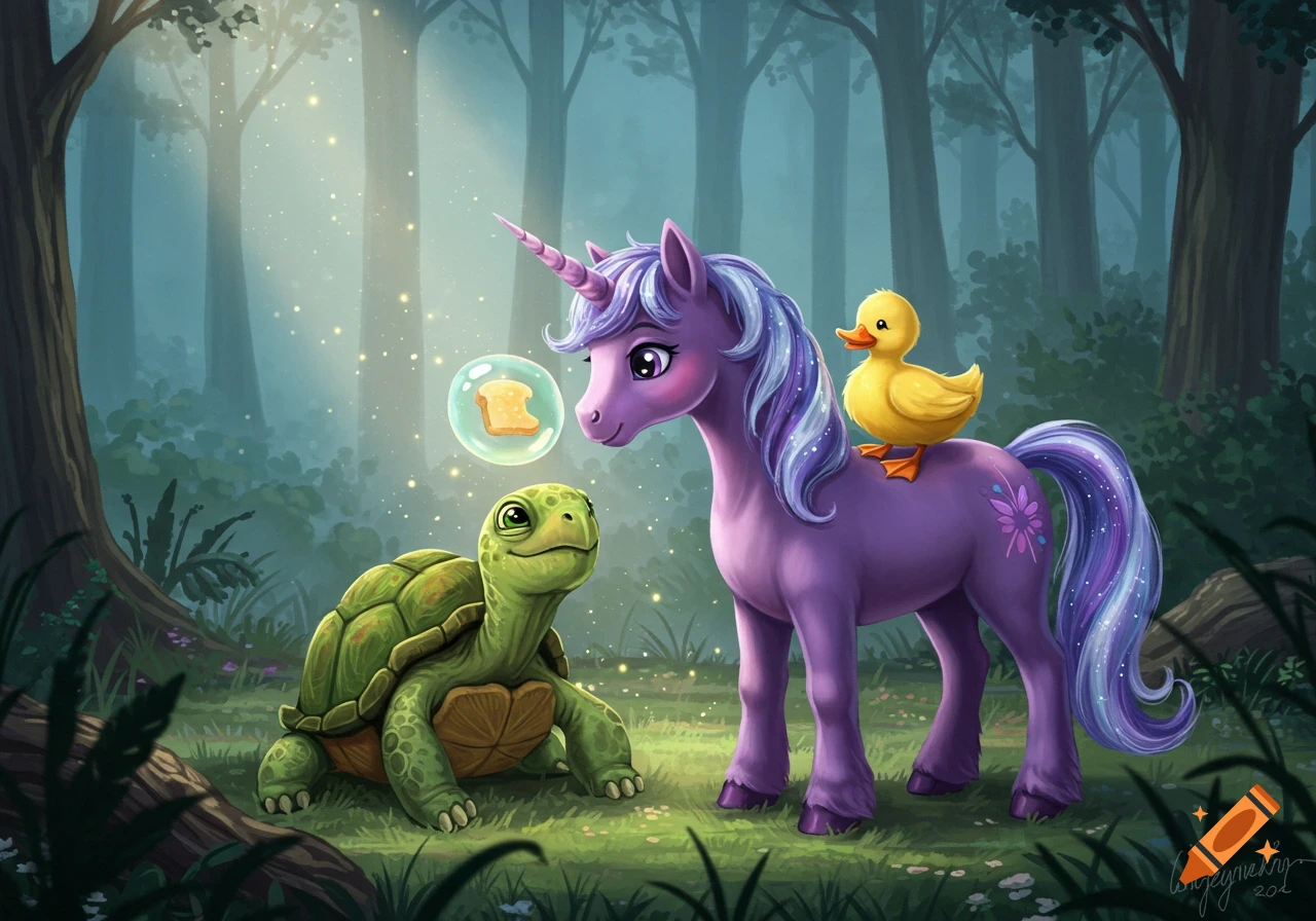A purple unicorn with a duck on its back and a green turtle with a piece of toast in a bubble, in a magical forest.