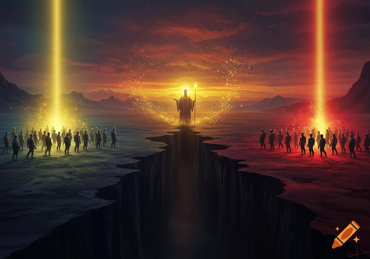A robed figure stands on a chasm overlooking two groups of people illuminated by glowing gold and red beams.
