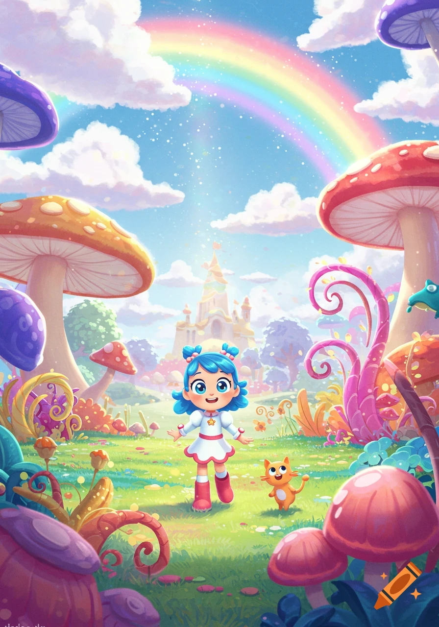 A cartoon girl with blue hair and a cat stand in a colorful mushroom forest under a rainbow and fluffy clouds, with a castle in the background.