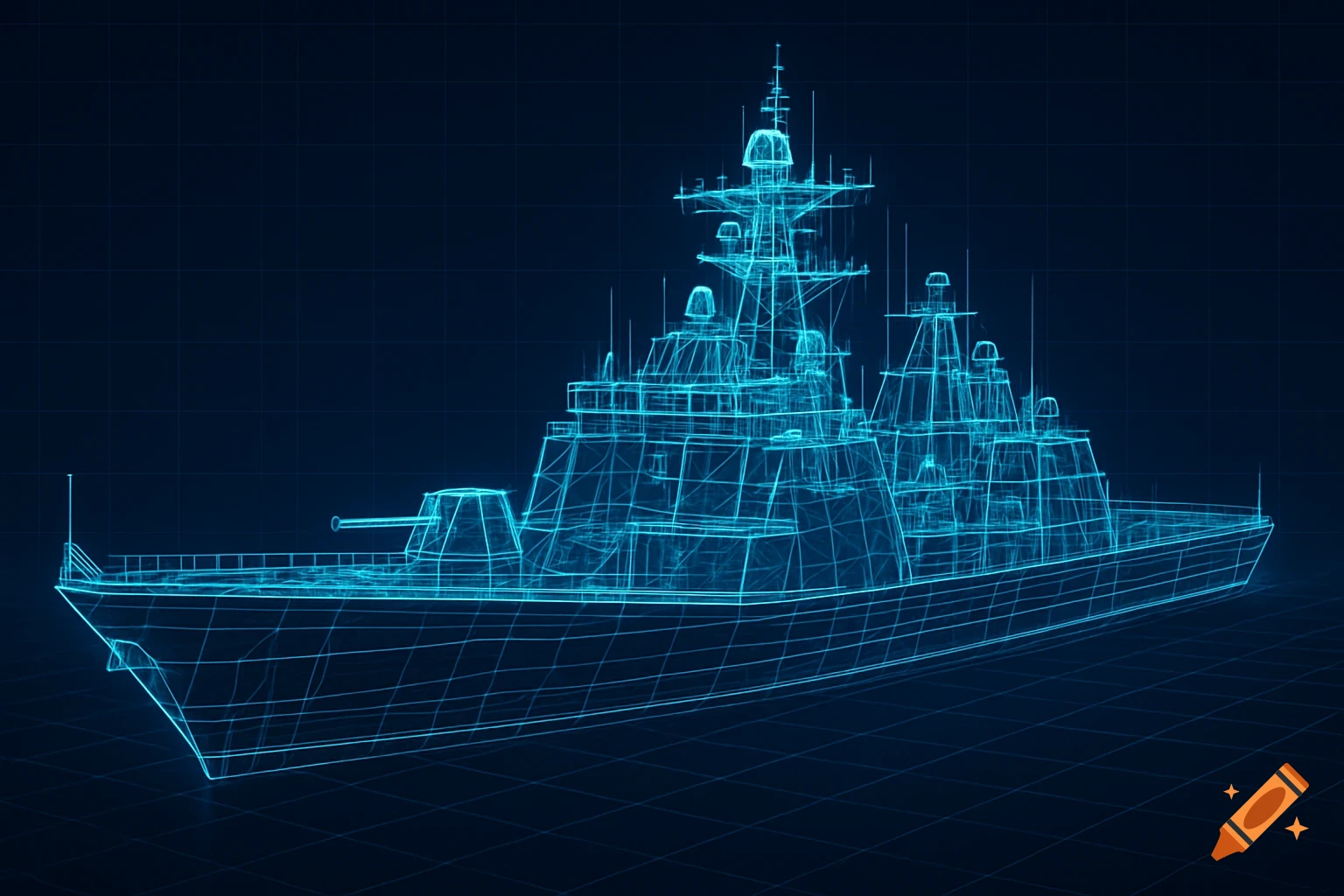 A blue wireframe blueprint of a navy ship on a dark grid background.