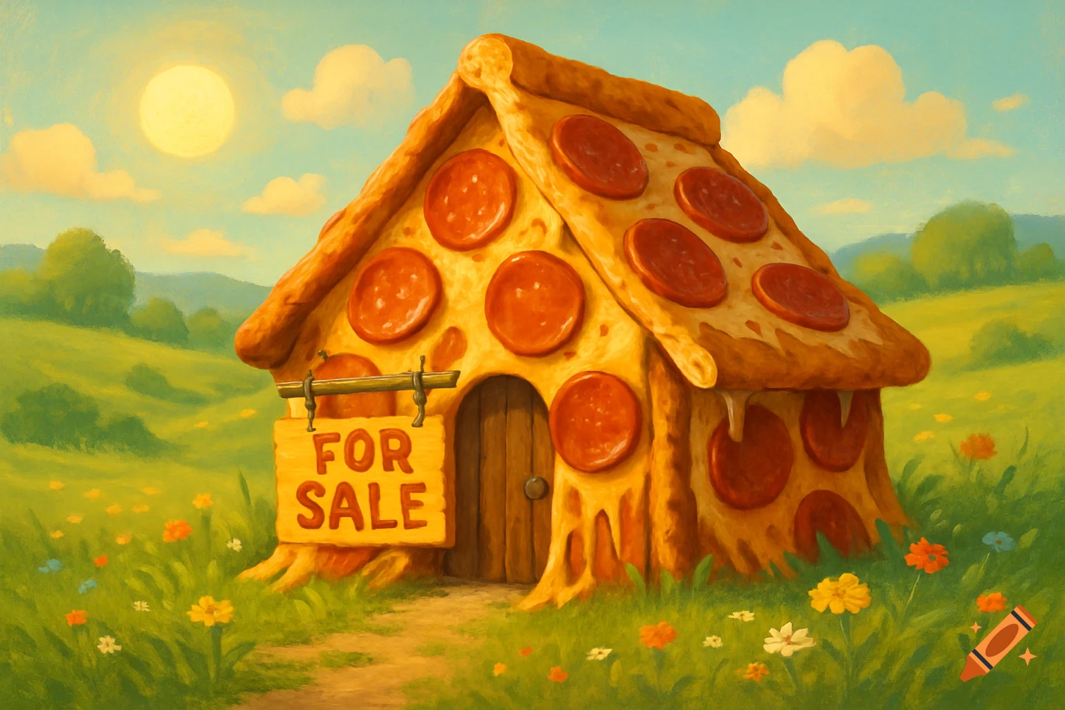 A whimsical house made of pizza with pepperoni shingles stands in a sunny, green field with a 'FOR SALE' sign, in a painterly style.