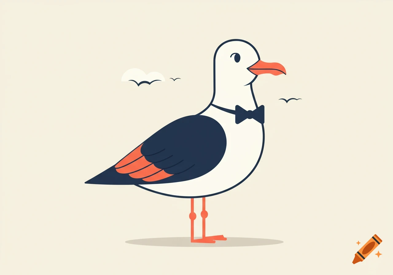 A stylized mid-century modern illustration of a white seagull with navy wings and coral accents, wearing a dark blue bow tie, on a light background.