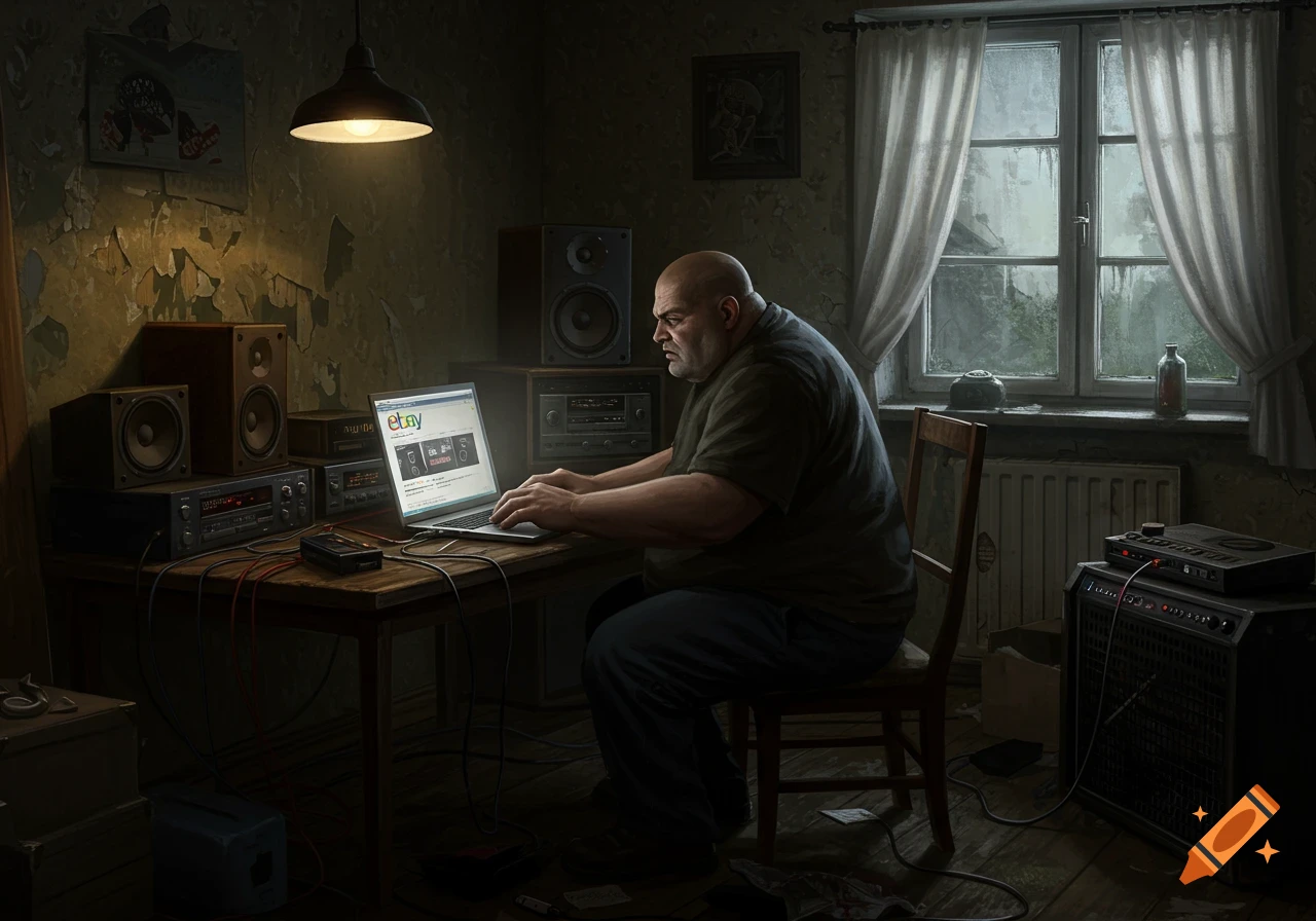 An obese man sits at a desk in a dingy room, typing on a laptop with the eBay logo visible on the screen, surrounded by stereo equipment. The room has peeling paint and a window looking out onto a gloomy scene. Photorealistic style.