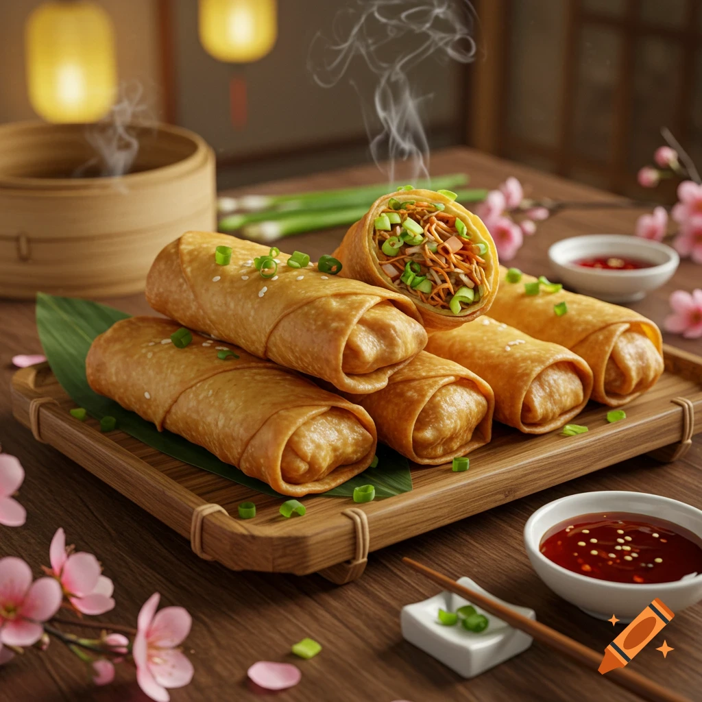 A plate of golden brown eggrolls, one cut open to show the filling, with dipping sauce and cherry blossoms on a wooden table.