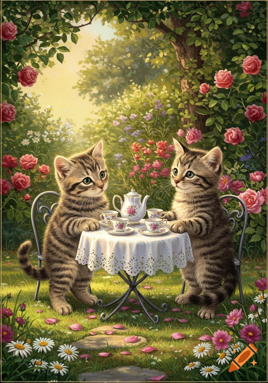 Two tabby kittens having a tea party in a sunny, rose-filled garden, depicted in an illustrative style.