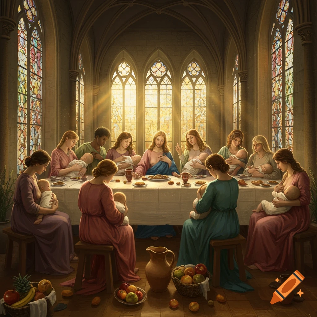 A classical painting style depiction of a Last Supper scene with twelve women, including one in blue central robe, breastfeeding babies around a long table in a gothic hall with stained glass windows.
