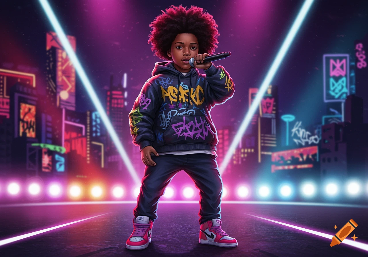 An illustrated young boy with an afro, wearing a graffiti hoodie and pink sneakers, holding a microphone on a neon city stage.