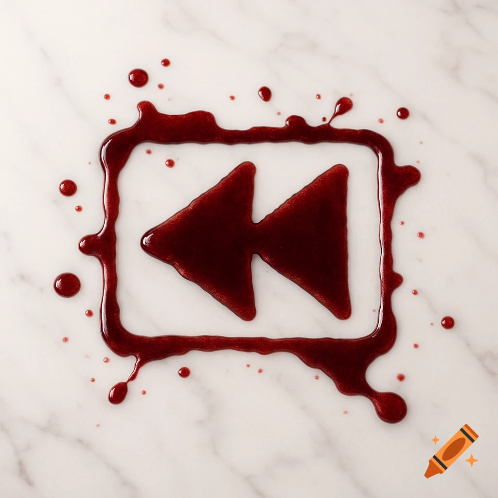 A rewind symbol formed by spilled red liquid, resembling blood or wine, with splatters on a white marble surface.