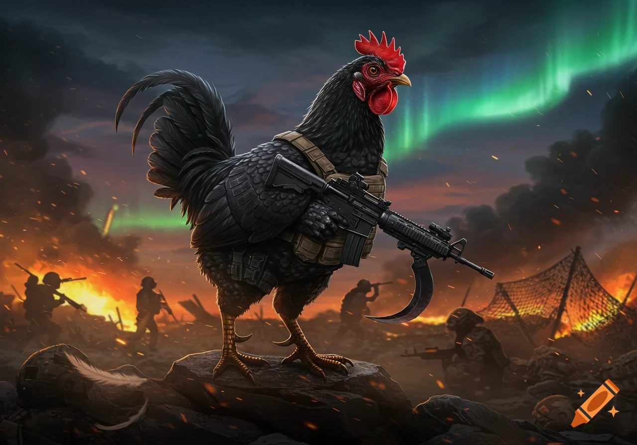 A black rooster in tactical gear holds a rifle on a battlefield with explosions and aurora borealis.