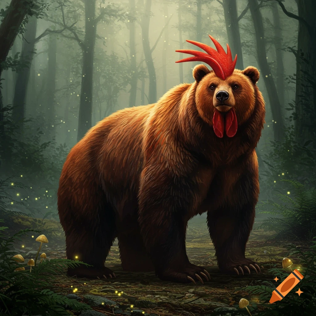 A brown bear with a red rooster comb and wattle stands in a magical forest.