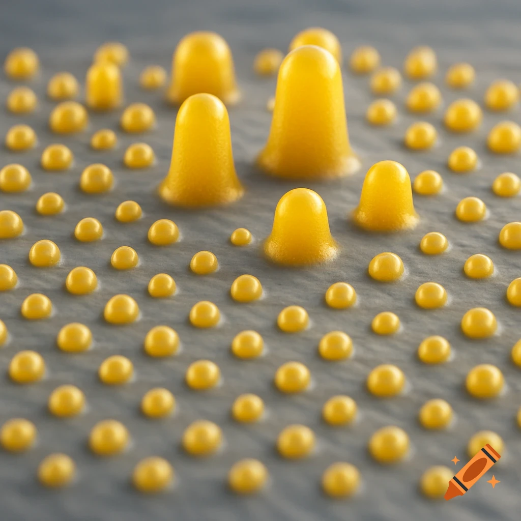 Yellow, bell-shaped and spherical protein droplets on a gray cell membrane, viewed microscopically.