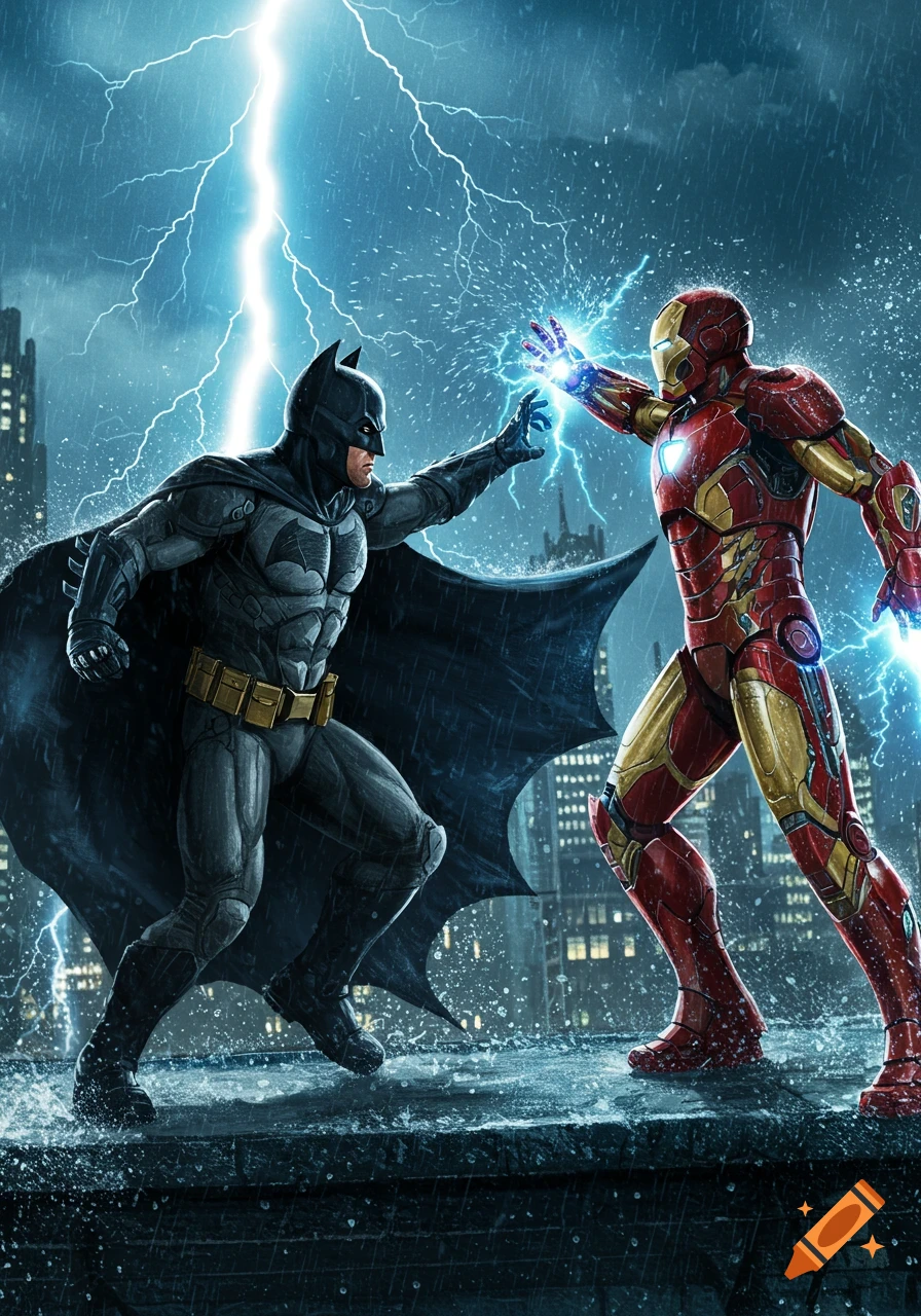 Batman and Iron Man battling in the rain with lightning striking overhead in a detailed comic art style.