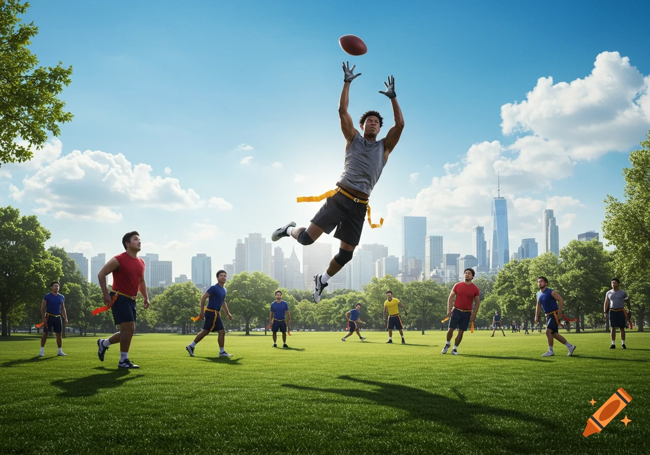 A flag football player leaps to catch a football in a sunny park with a city skyline in the background, other players are on the field.