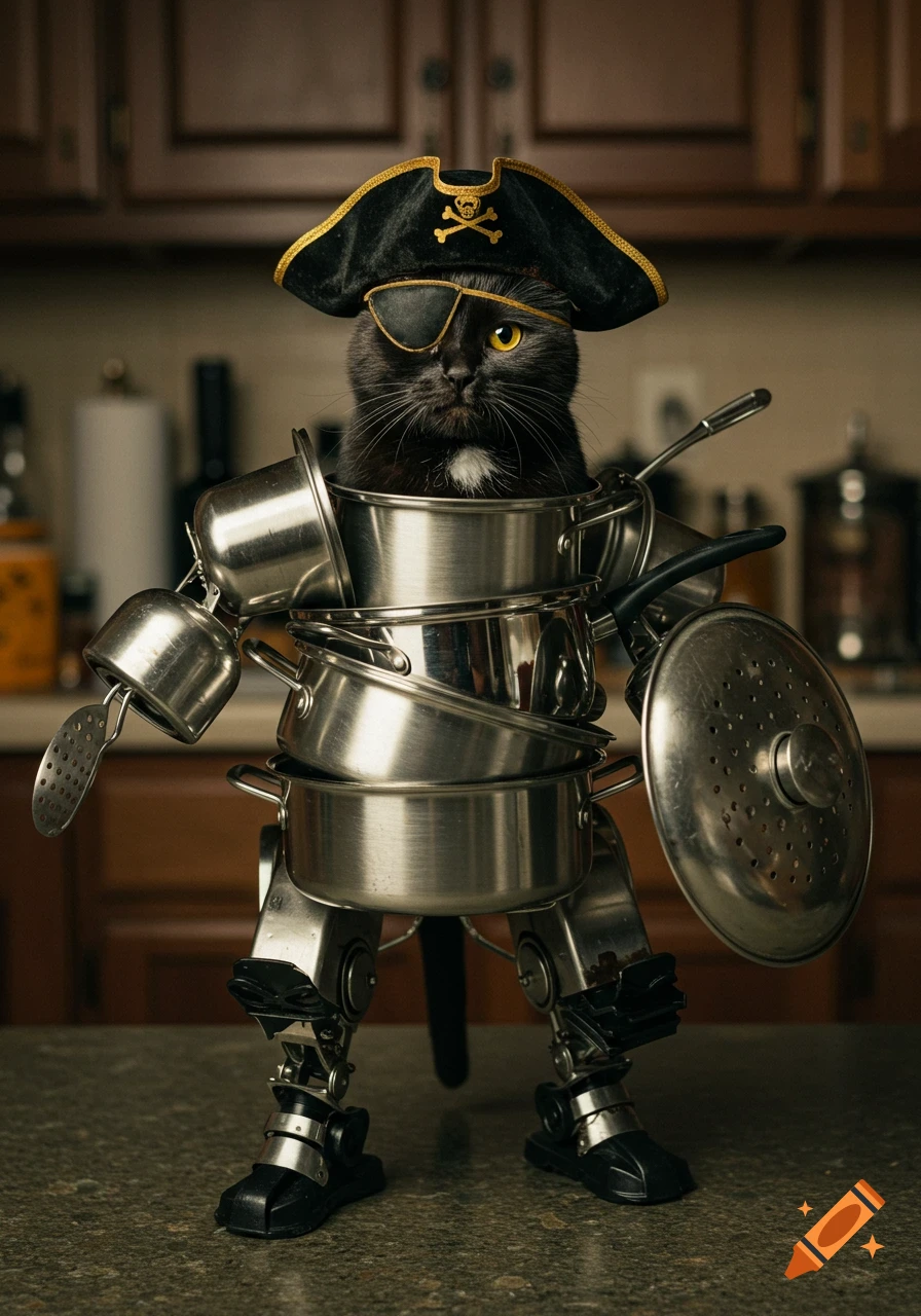 A black cat in a pirate hat and eye patch sits inside a mech suit made of pots and pans in a kitchen.