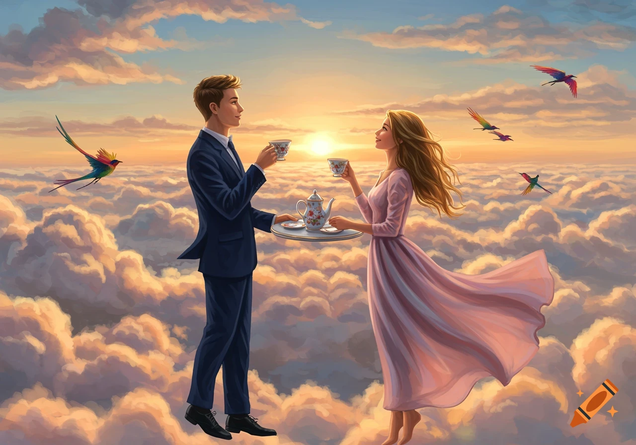 A man in a suit and a woman in a pink dress float among clouds, sharing tea at sunset, with colorful birds flying nearby.