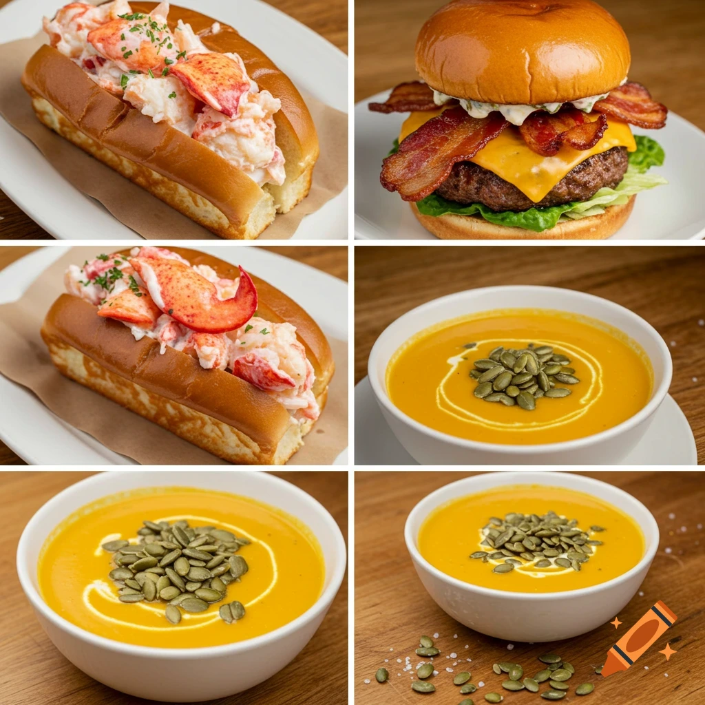 A vibrant food collage featuring a lobster roll, a bacon cheeseburger, and bowls of butternut squash soup with pumpkin seeds.