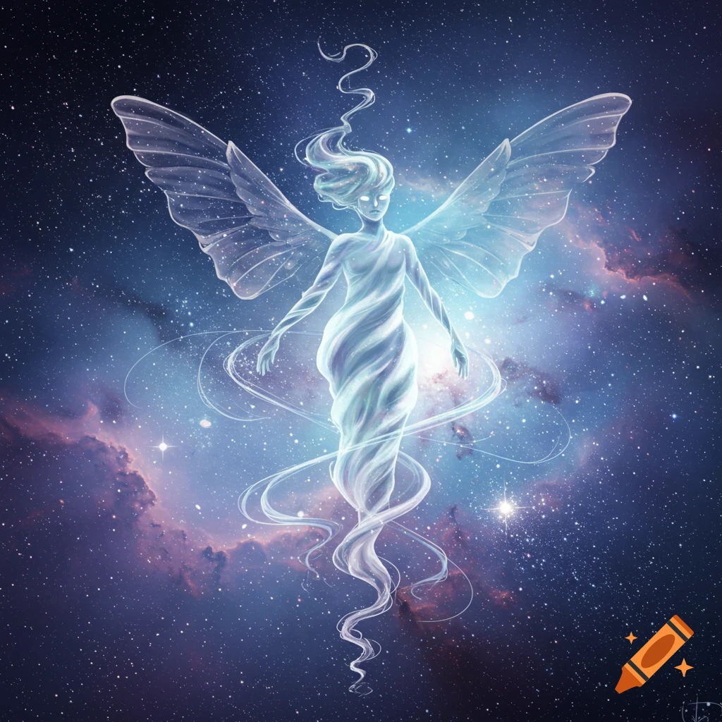 A glowing, ethereal winged figure with flowing lines for a body and hair, against a cosmic background of stars and nebulae.