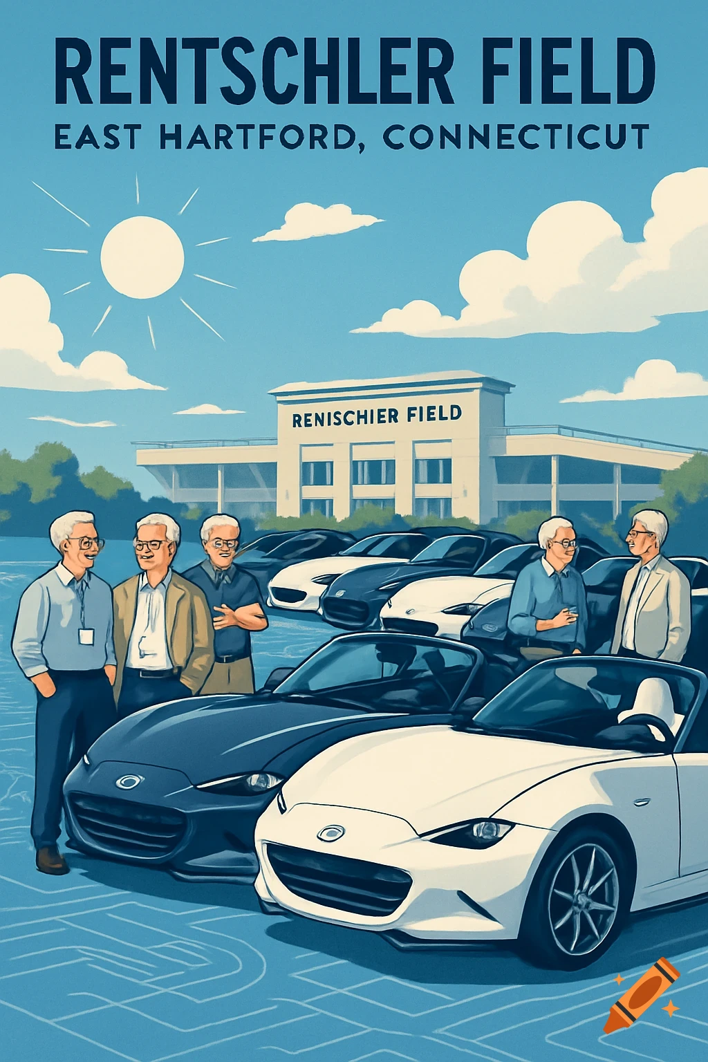 Poster-style illustration of a car show at Rentschler Field, East Hartford, Connecticut. Classic cars and men with grey hair are visible.