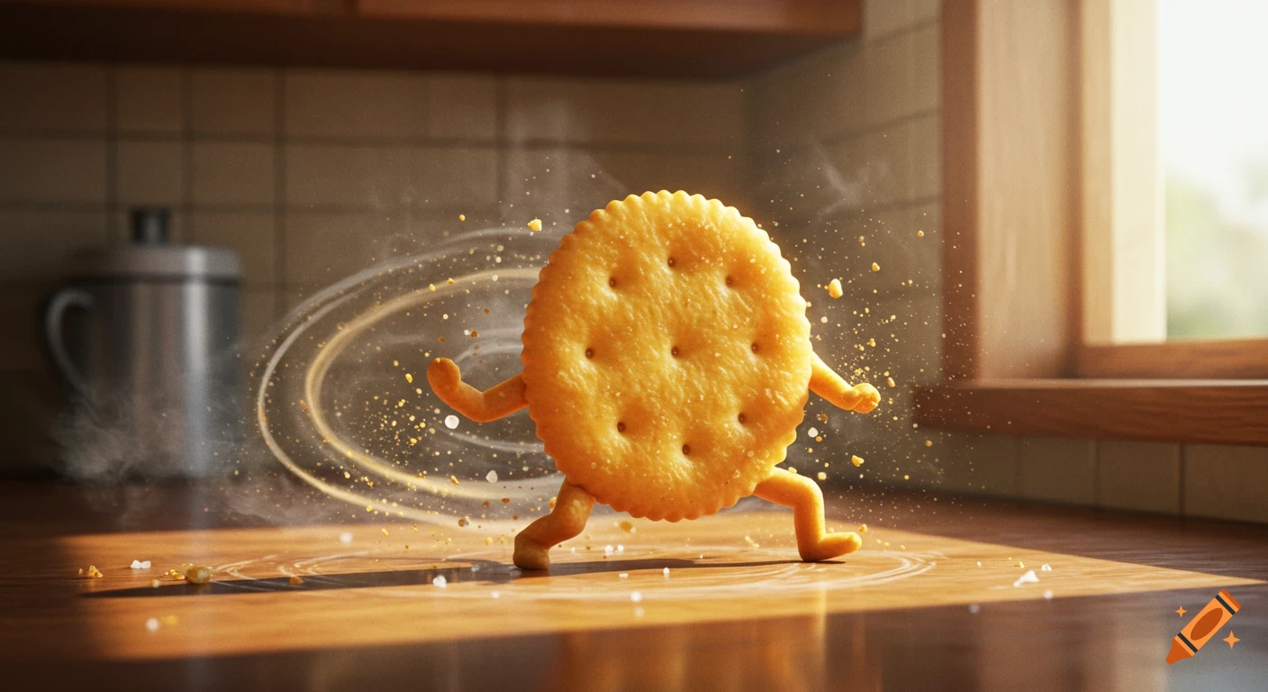 A photorealistic, anthropomorphic Ritz cracker doing a spinning burnout on a wooden kitchen countertop, kicking up crumbs and salt.