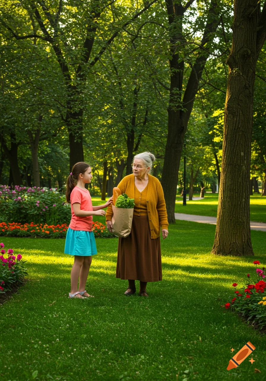 A young girl in a pink shirt and blue skirt talks to an elderly woman holding a grocery bag in a sunny park.
