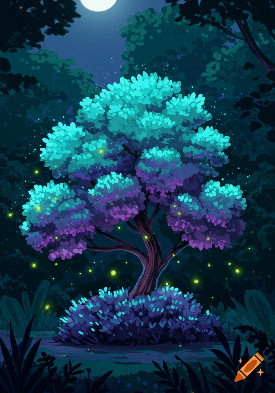 A vibrant, stylized tree with glowing teal and purple leaves stands in a dark, moonlit forest with fireflies.