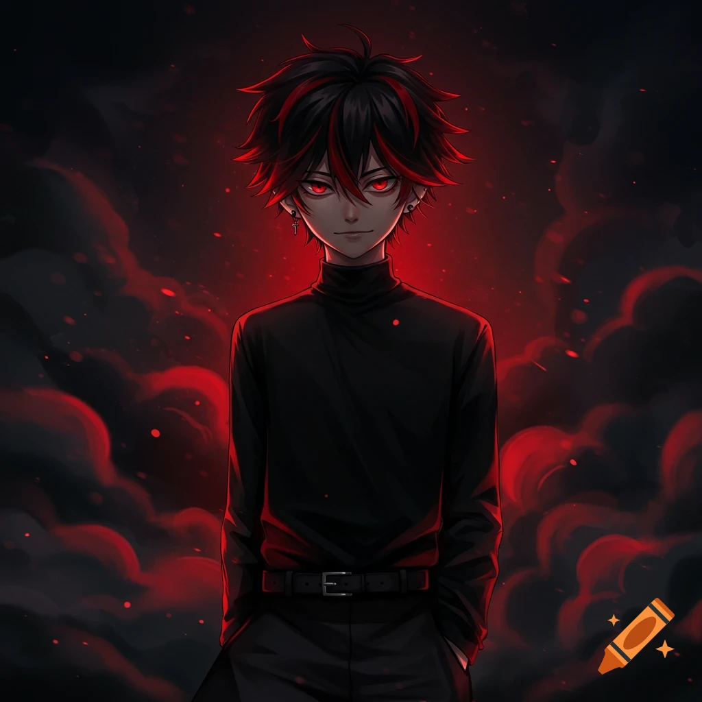 Anime boy with black hair and red streaks, red glowing eyes, dressed in a black turtleneck against a smoky red and black background.