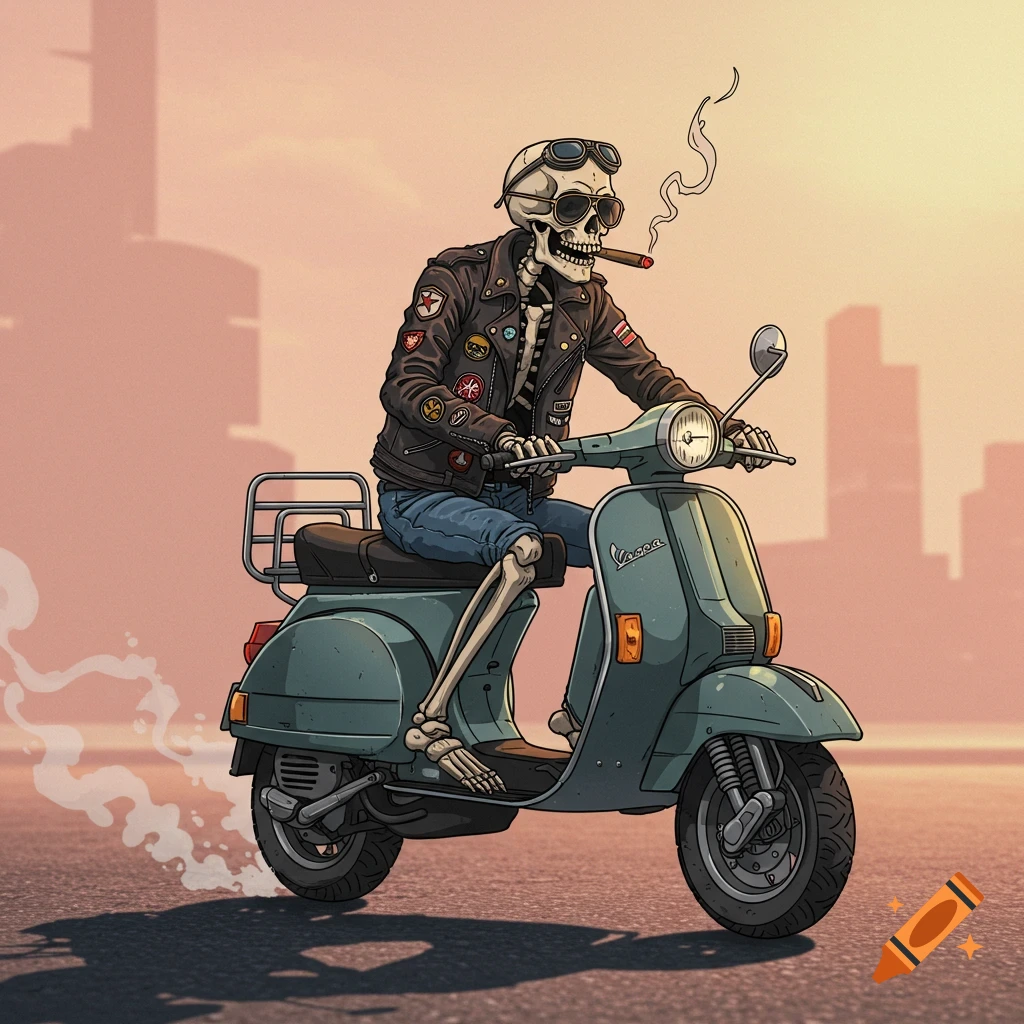 Detailed illustration of a skeleton riding a vintage teal Vespa scooter, smoking a cigar, wearing a leather jacket and sunglasses.