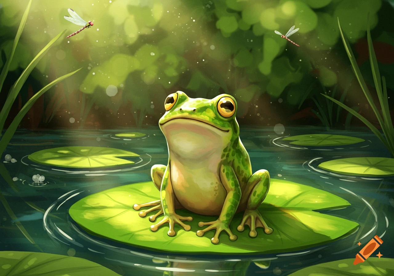 A happy green frog sits on a lily pad in a pond with dragonflies flying above in a sunny, cartoonish illustration.