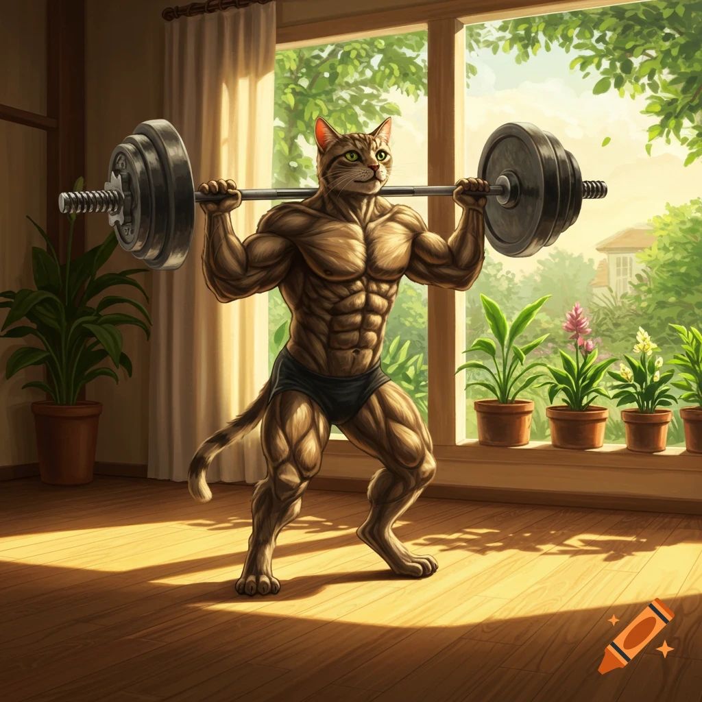 A muscular, anthropomorphic cat in black shorts lifts a barbell indoors. Sunlight streams through a large window showing a green garden.