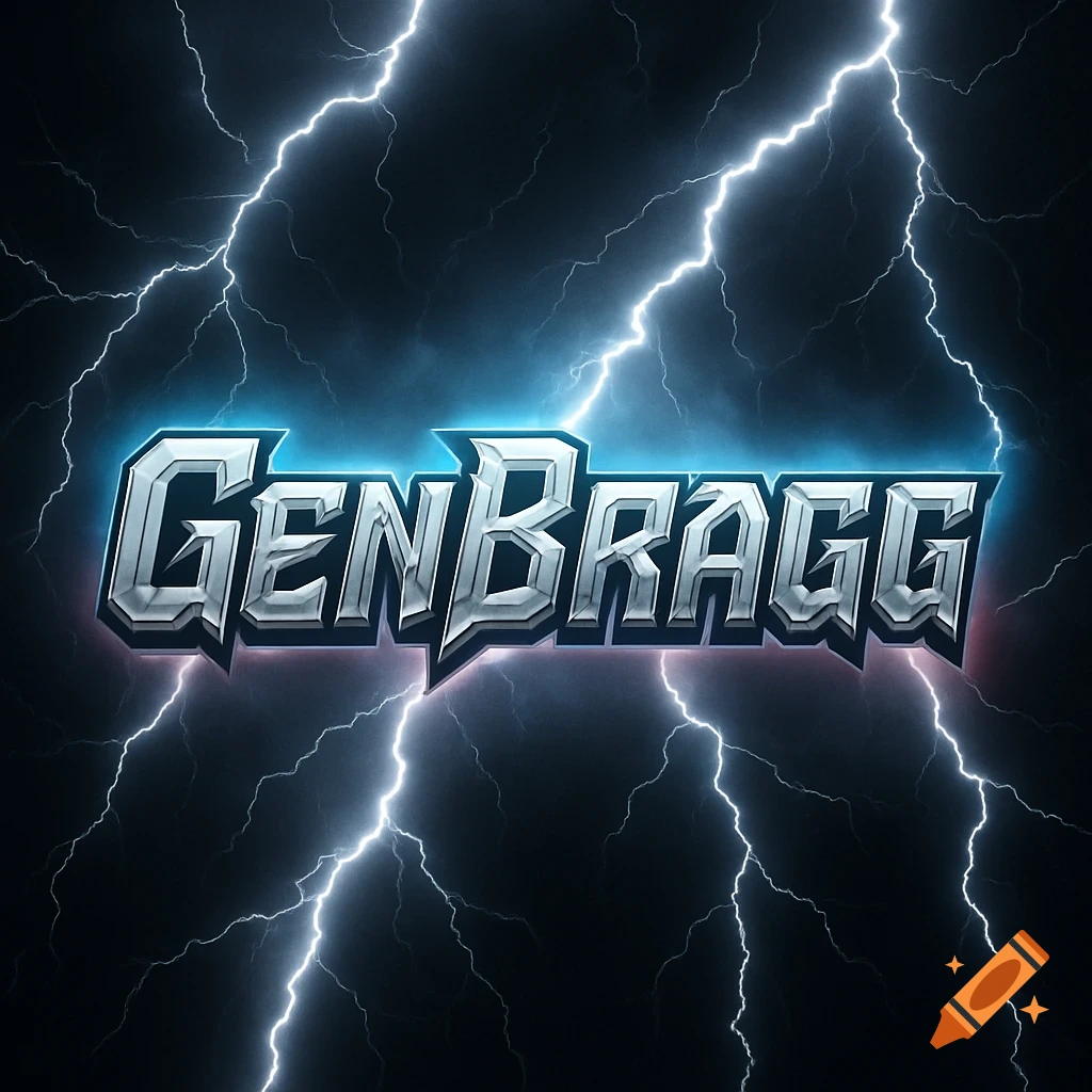A metallic, robotic-style "GenBragg" logo with a blue glow, surrounded by white lightning bolts against a dark background.