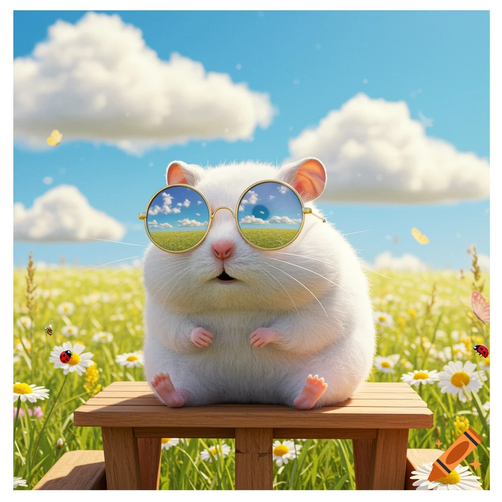 A fluffy white hamster wearing round golden sunglasses sits on a wooden bench in a sunny flower field under a blue sky.