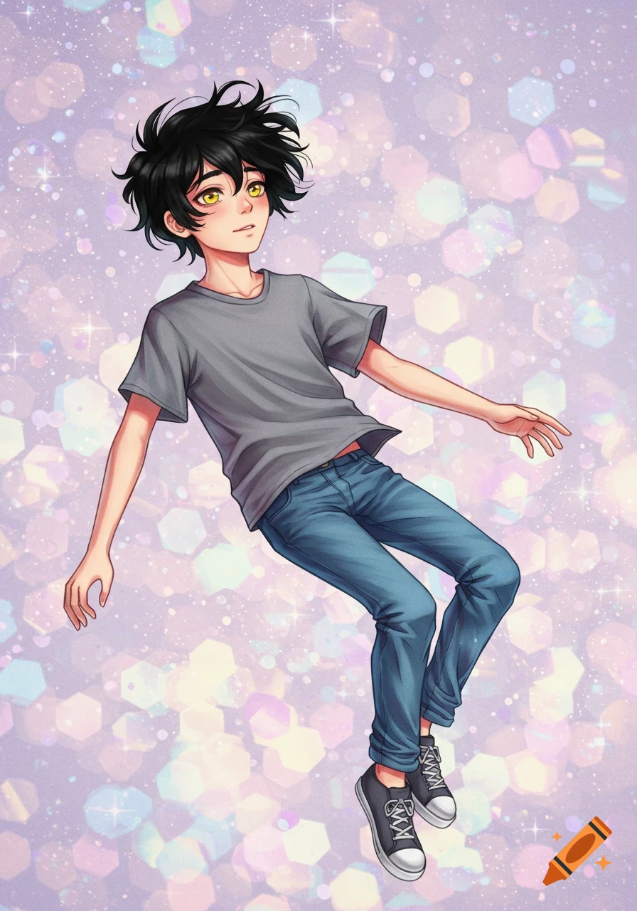 An anime boy with shaggy black hair and yellow eyes, wearing a grey t-shirt and jeans, floats against a background of iridescent hexagonal bokeh.