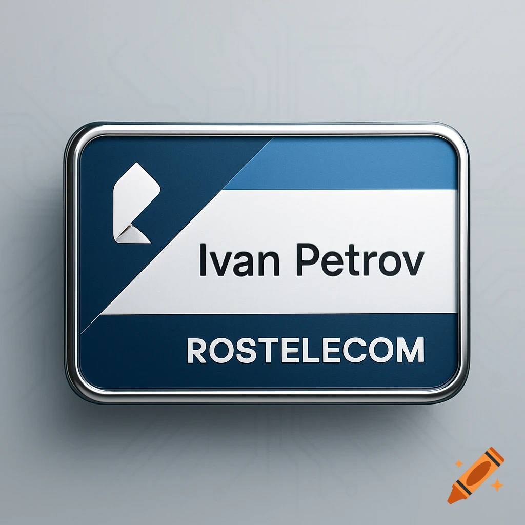 A photorealistic dark blue and white corporate badge with a silver border, displaying "Ivan Petrov" and "ROSTELECOM".