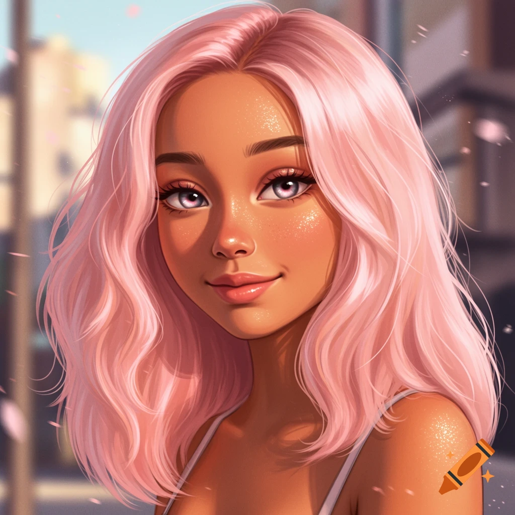 A stylized digital art portrait of a young woman with brown skin, large eyes, and long, wavy pink hair.