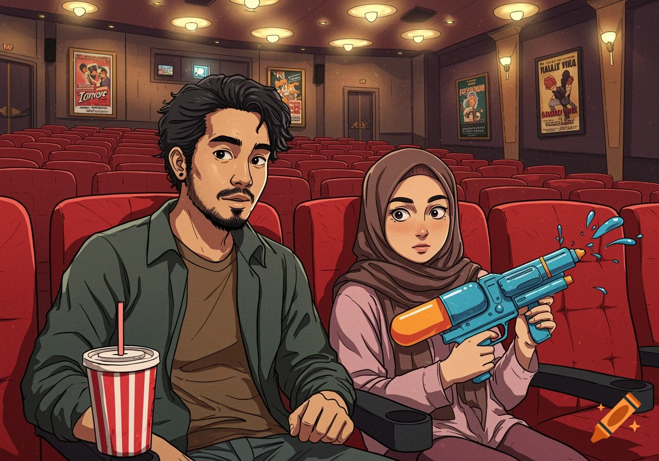 Comic art illustration of a man and a hijabi woman sitting in a movie theater, the woman holding a water pistol.