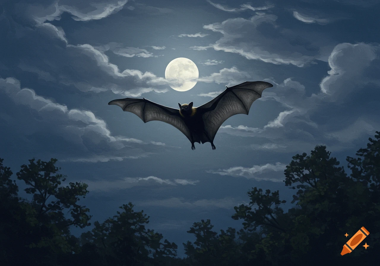 A bat flies across a full moon in a cloudy night sky above tree tops.