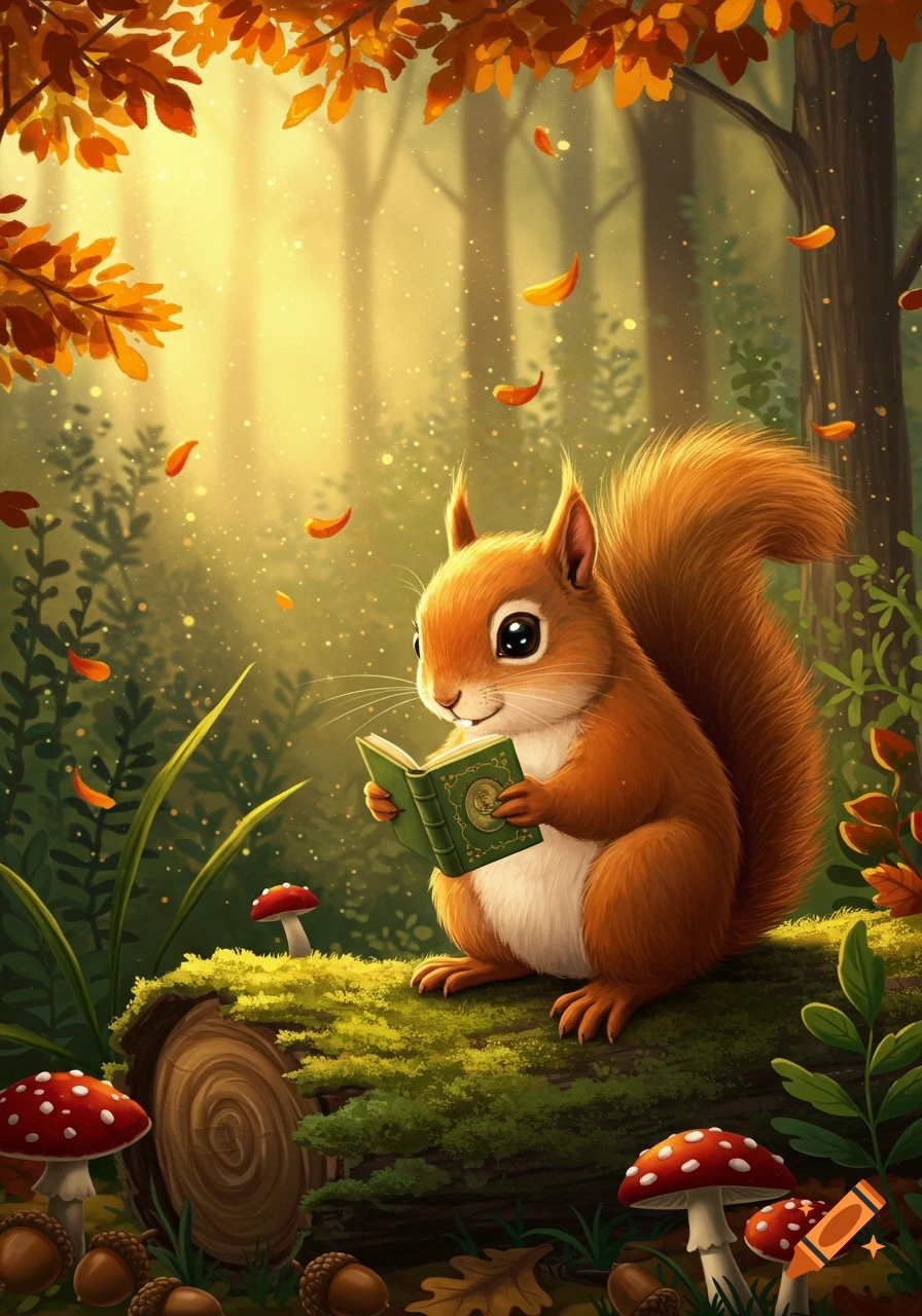 A cute, fluffy squirrel sits on a mossy log in an autumn forest, reading a green book. Golden light fills the background with falling leaves and glowing particles.