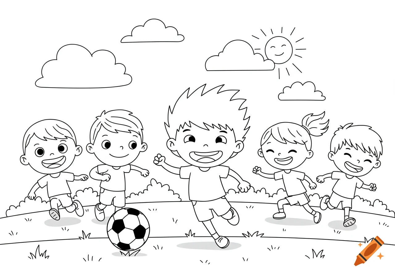 Five happy cartoon kids playing soccer, black-and-white line art coloring book style.