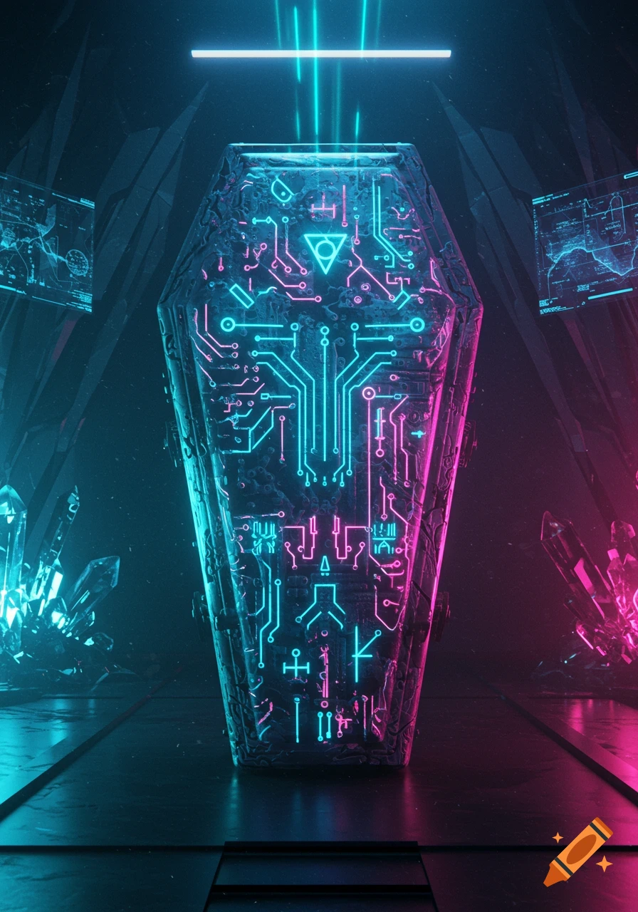 A futuristic coffin glowing with intricate blue and pink neon circuit patterns in a dark, tech-inspired setting.