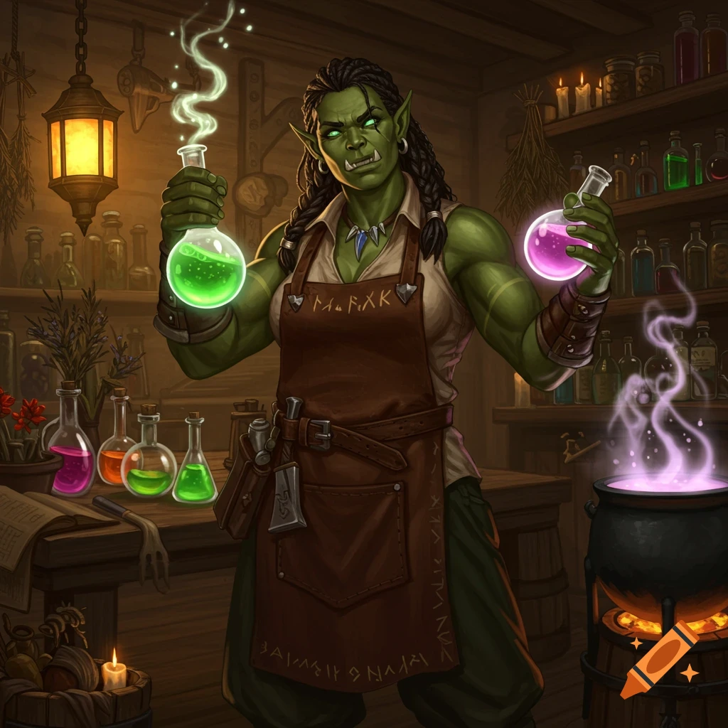 A female orc alchemist in a workshop holds two glowing flasks, one green and one purple, amidst various potions and a bubbling cauldron.