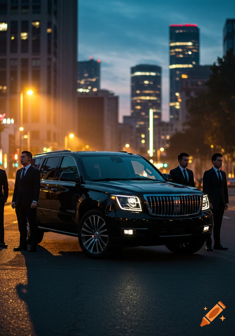 A black SUV is parked on a city street at night, surrounded by men in suits, with illuminated buildings in the background. Photorealistic.